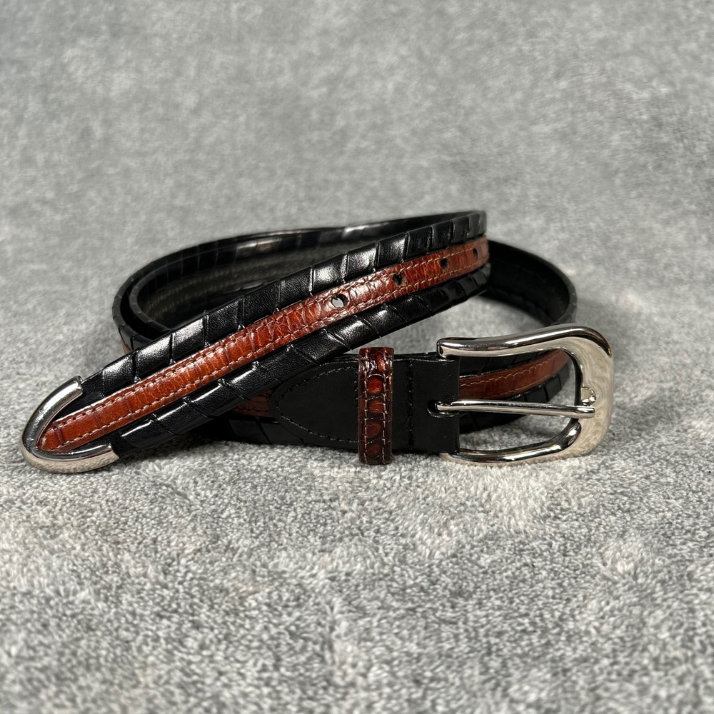 Torino Embossed Croc Inlay Leather Belt Black Brown Silver Brass Buckle Size 40